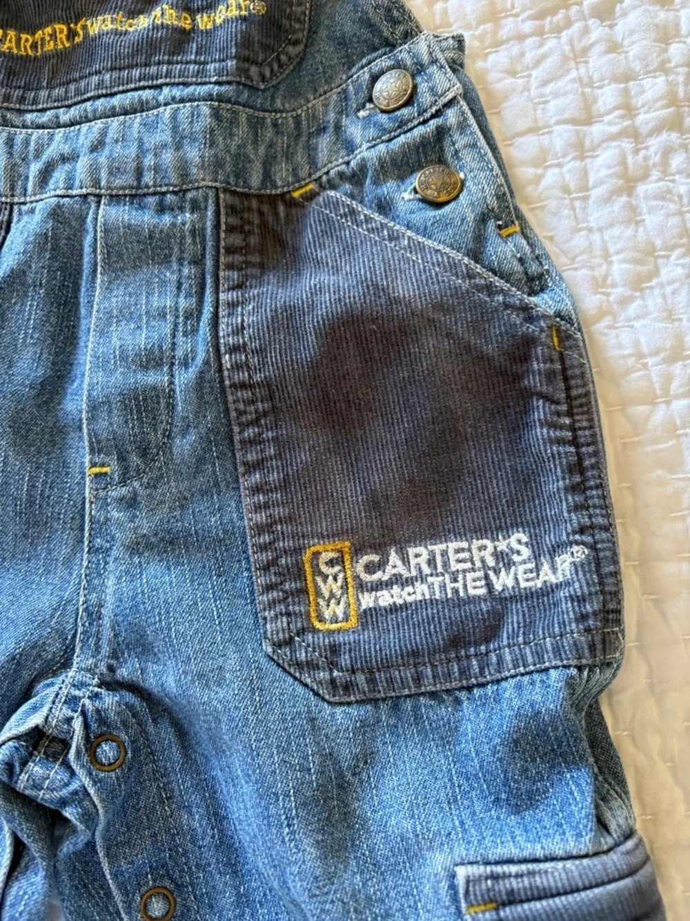 Vintage Boys Carter's Watch the Wear Denim Overalls with Yellow Accent 12mo.